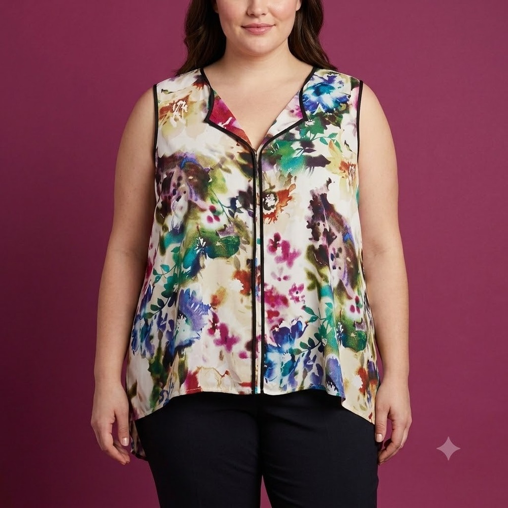 Spense Floral High Low Sleeveless Blouse Womens 3X Multicolor V Neck Top EUC